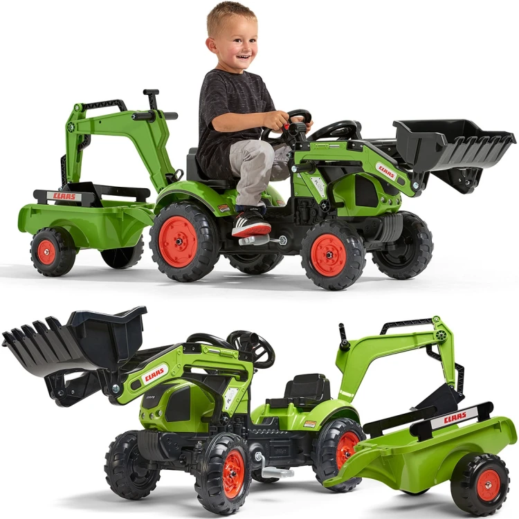 FALK traktor z przyczepą CLAAS Arion — widok z boku, łyżka i ładowarka zamontowane na pojeździe