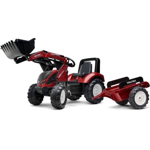 Traktor na pedały FALK Valtra S4 z łyżką i przyczepą — widok 3/4 z przodu pokazujący konstrukcję