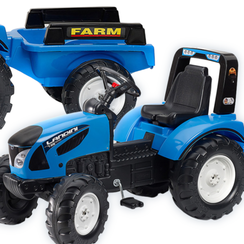 Traktor Landini na pedały FALK w niebieskim kolorze z przyczepką — widok z boku i detali