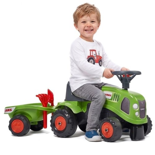 FALK Traktorek Baby Claas zielony z przyczepką — widok całego pojazdu na jasnym tle, gotowy do zabawy