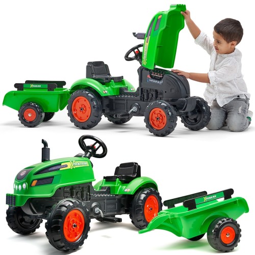 Traktorek X Tractor FALK zielony z przyczepką i klaksonem — widok z przodu, dla dzieci 2–5 lat