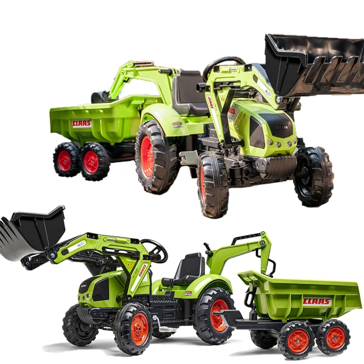 Traktor na pedały Claas Axos 330 marki FALK — widok 3/4 z przodu z widoczną koparką i kabiną