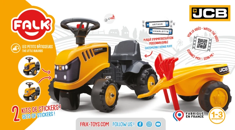 Traktorek FALK JCB pomarańczowy — ujęcie skupione na przedniej maskownicy i detalach konstrukcyjnych nadwozia