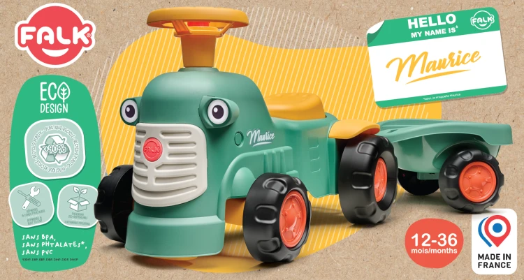 Detal grafiki i oznaczeń na traktorku FALK Baby Maurice — widoczne naklejki i piktogramy informacyjne