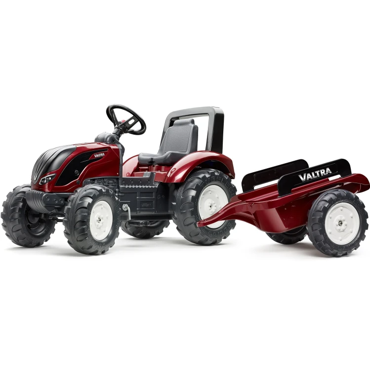 Widok z góry na bordowy traktor Valtra S4 FALK — rozmieszczenie kabiny, przyczepy i kierownicy czytelne