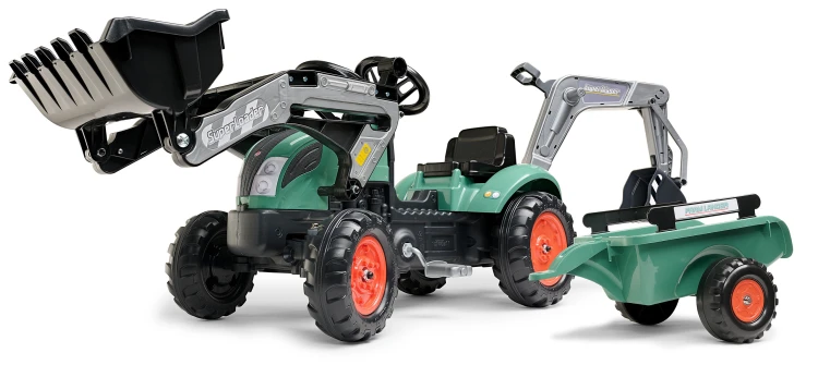 Koparko-ładowarka FALK Farm Lander — widok z przodu z łyżką i kabiną, model dla dzieci 2–5 lat