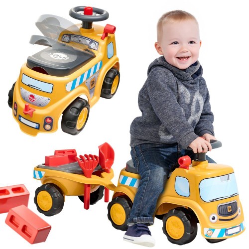 FALK jeździk ciężarówka budowlana JCB z przyczepą i akcesoriami — stabilny pojazd dla dzieci 1–3 lat