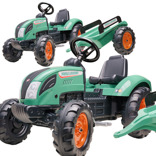 Traktor Lander FALK zielony na pedały z przyczepką — ujęcie 3/4 pokazujące kierownicę i siedzisko
