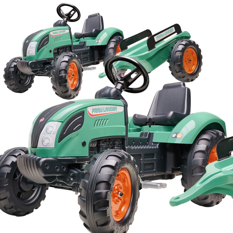 Traktor Lander FALK zielony na pedały z przyczepką — ujęcie 3/4 pokazujące kierownicę i siedzisko
