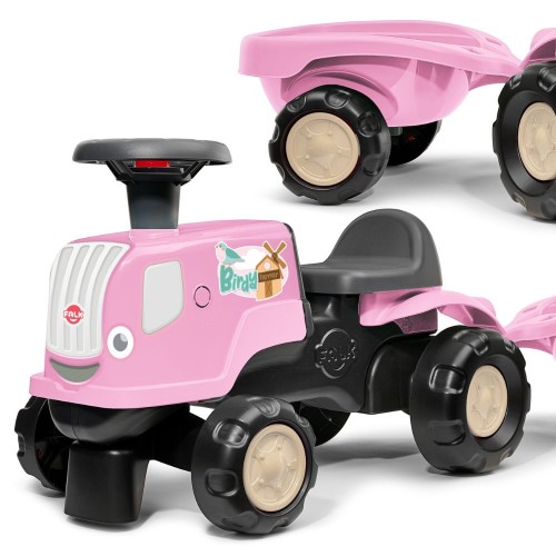 Jeździk traktor z przyczepą FALK Birdy Farm w kolorze różowym, dla dzieci 1–3 lat — widok z przodu