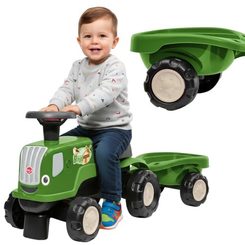 Jeździk Traktor z Przyczepą FALK Birdy Farm zielony — widok z przodu z kierownicą i przyczepą
