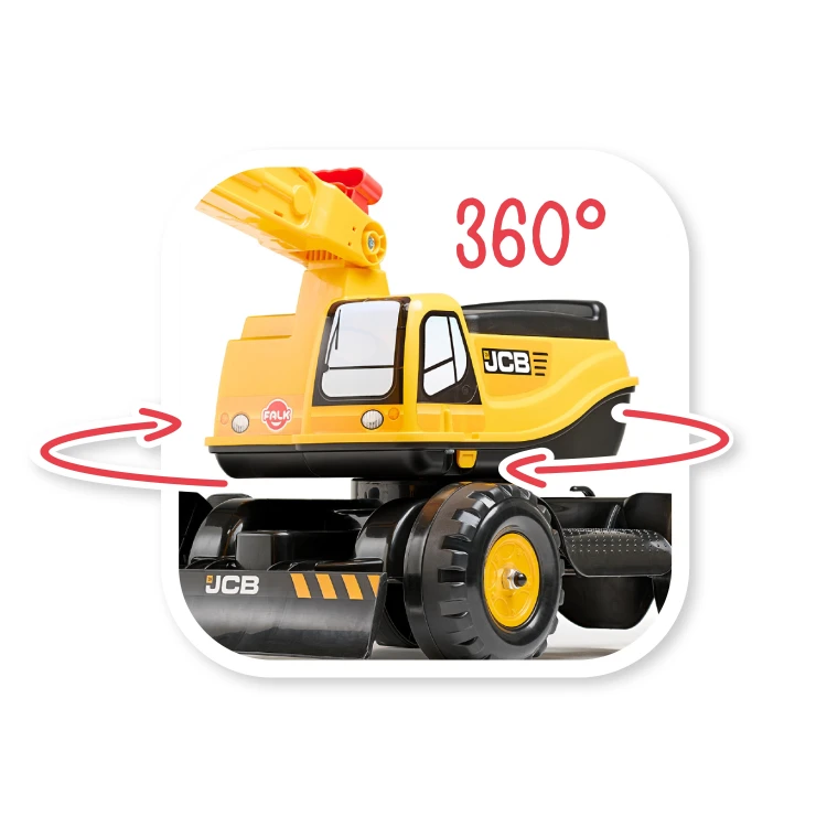 Koparka w zabawie — dziecko popycha pojazd FALK JCB po podłodze, scena pokazująca skalę zabawki