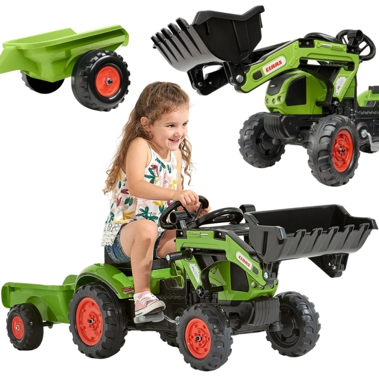 Traktor na pedały FALK z ładowarką i przyczepą — widok 3/4 ukazujący konstrukcję i detale
