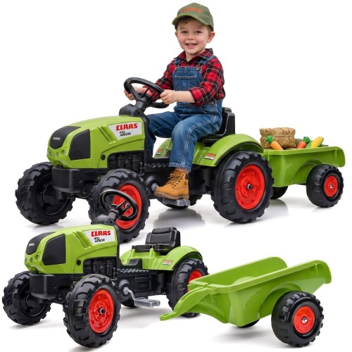 Traktor Claas na pedały FALK — zielony model z przyczepą i klaksonem, widok frontowy całego zestawu