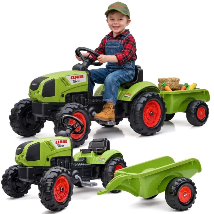 Traktor Claas na pedały FALK — zielony model z przyczepą i klaksonem, widok frontowy całego zestawu