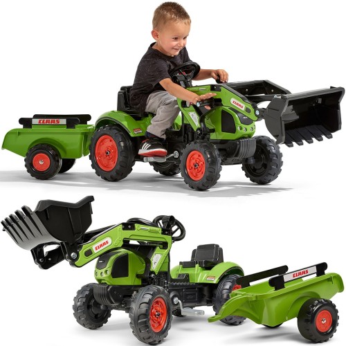 Traktor na pedały Claas Falk z przyczepą i łyżką w zielonym kolorze, widok z boku
