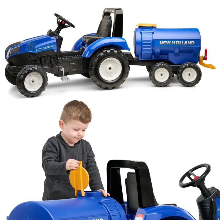 Boczny widok przyczepy cysterna New Holland z widocznym zawieszeniem i nadrukiem logo FALK