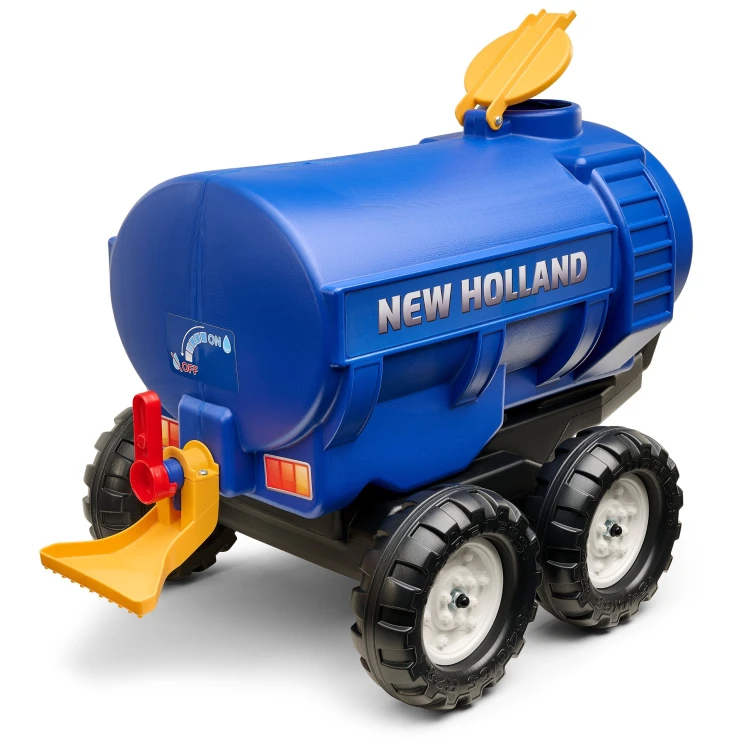 Zbliżenie kół i osi przyczepy FALK — detal konstrukcji i bieżnik opon w wersji New Holland