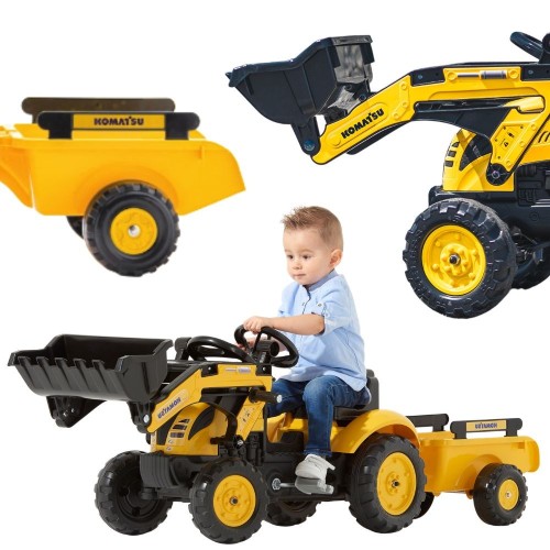 Traktor na pedały FALK Komatsu z przyczepą i łyżką — widok z przodu ukazujący cały pojazd i detale
