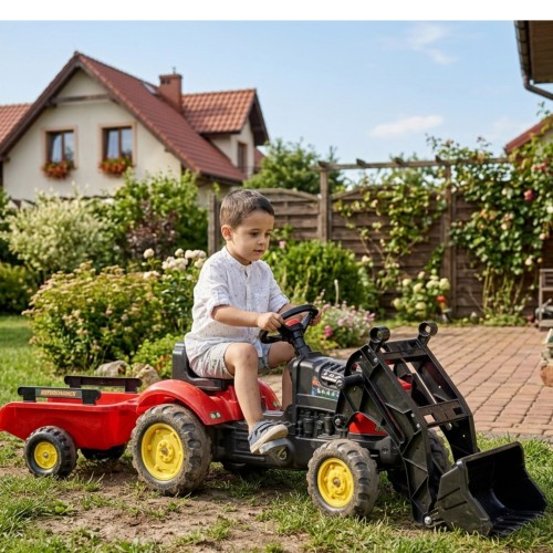Traktorek Supercharger FALK — boczny widok z przyczepką i czerwonym lakierem, widoczna poręczna łyżka