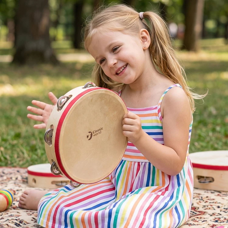 Boczny kadr ukazujący uchwyt tamburyna 25 cm CLASSIC WORLD EDU — wygoda chwytu podczas zabawy rytmem