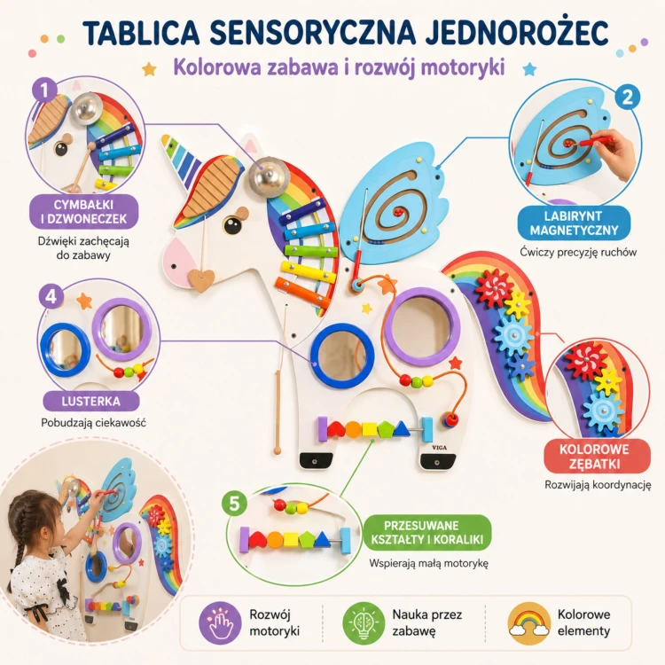 Tablica manipulacyjna VIGA — detal z nawlekanek i przesuwanych koralików widoczny z bliska, jaskrawe kolory