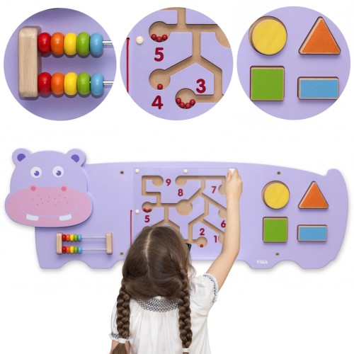 Tablica sensoryczna VIGA z hipopotamem — manipulacyjna tablica Montessori z Certyfikatem FSC