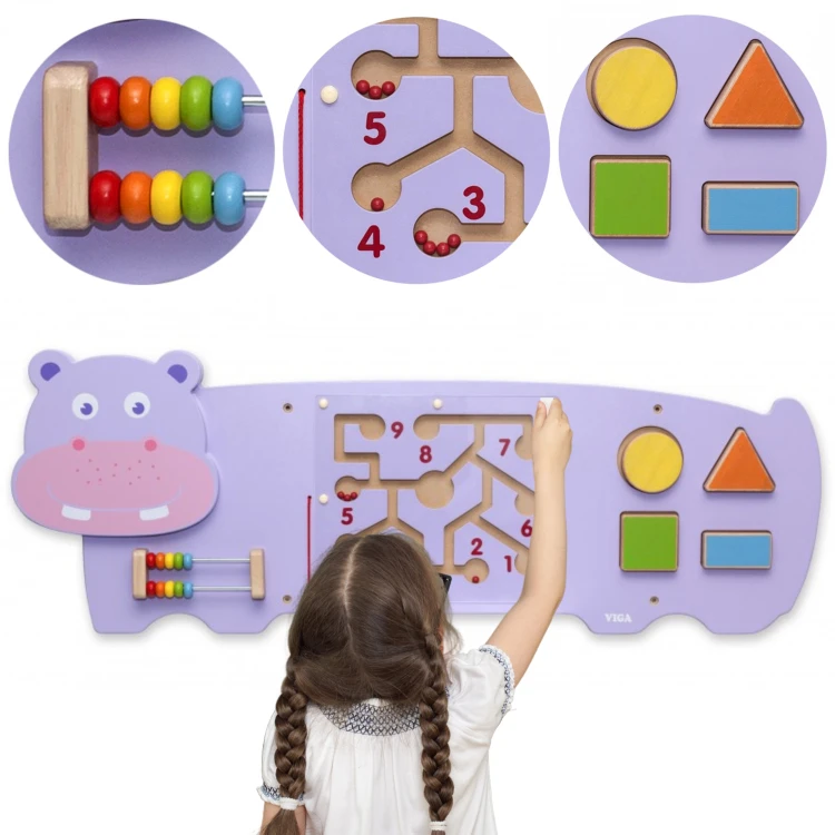 Tablica sensoryczna VIGA z hipopotamem — manipulacyjna tablica Montessori z Certyfikatem FSC
