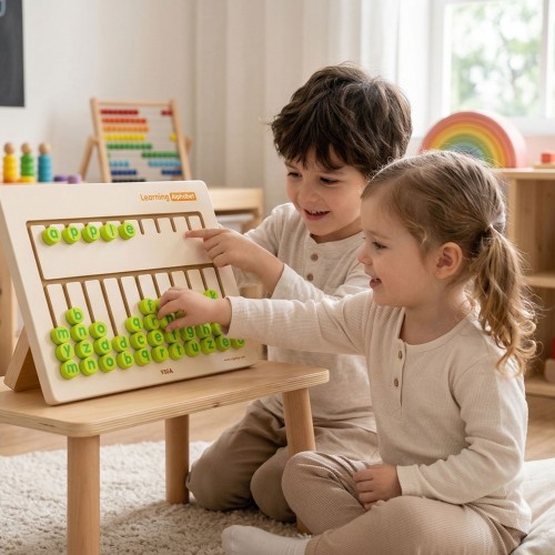 Tablica sensoryczna Viga Toys - zbliżenie na kolorowe literki, obrotowe elementy i sensoryczne tekstury do nauki