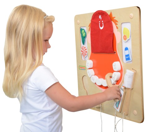 Tablica sensoryczna MASTERKIDZ — ścienna plansza Montessori ucząca higieny jamy ustnej z panelem dotykowym