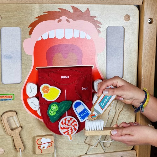 Zbliżenie na ruchome elementy tablicy MASTERKIDZ — szczoteczka, nakładka zęba i obrotowe części do zabawy manualnej