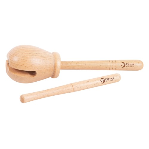 Zbliżenie na drewnianą strukturę woodblocka — instrument muzyczny CLASSIC WORLD EDU, widoczne pałeczki i 2 elementy