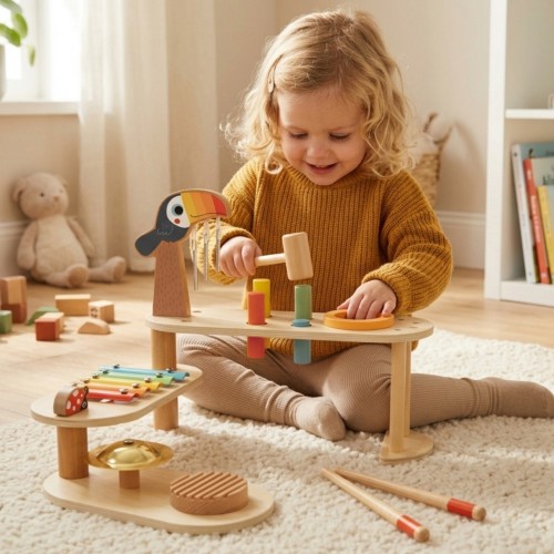 Zbliżenie na kolorowy panel stolika muzycznego TOOKY TOY — przyciski i elementy interaktywne dla malucha