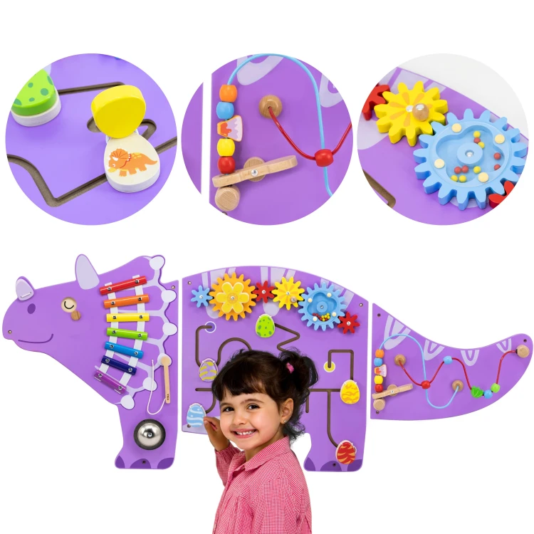 VIGA Drewniana tablica sensoryczna-manipulacyjna EDU Triceratops — widok frontu z kolorowymi elementami do zabawy