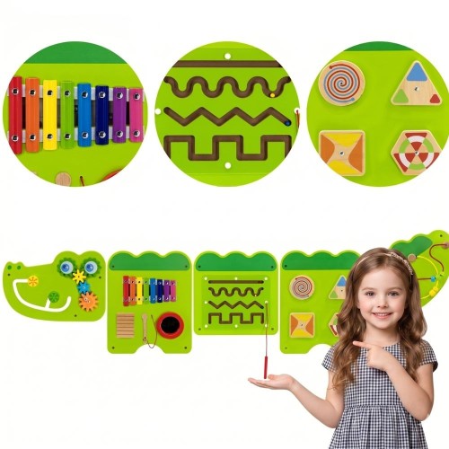 Tablica sensoryczna Krokodyl VIGA — manipulacyjna tablica Montessori z elementami do przesuwania