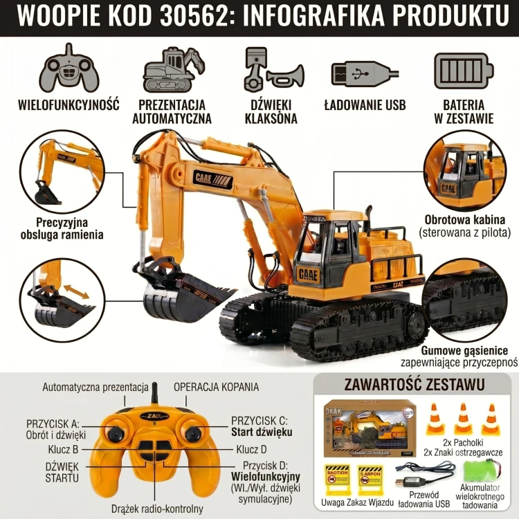 Koparka WOOPIE w ruchu — ujęcie pokazujące podnoszenie i opuszczanie łyżki oraz zakres pracy