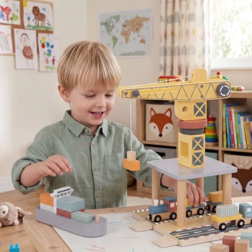 Widok boczny dźwigu portowego TOOKY TOY 51 — kabina operatora, ruchome ramię i mocowania na drewnianej podstawie
