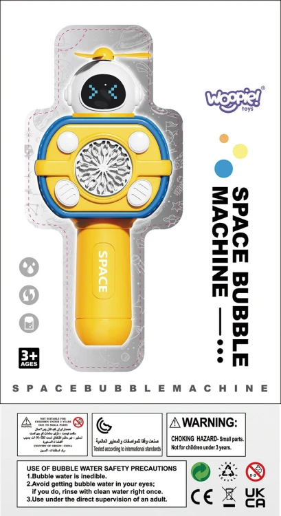 Detal logo WOOPIE oraz panel sterowania maszyny Astronauta do robienia baniek, widoczne różowe elementy i przyciski