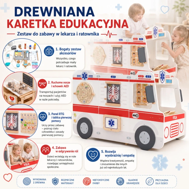 Ręka dziecka bawiąca się karetą VIGA — pokaz zastosowania i gładkie drewniane elementy