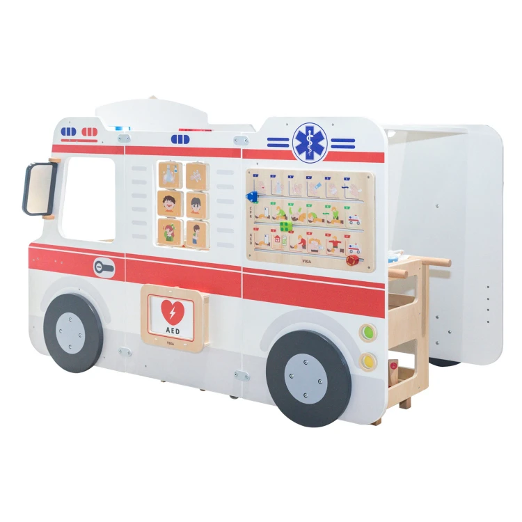 Kompozycja zestawu VIGA na białym tle — drewniany ambulans, figurki małych ratowników i akcesoria 25 el.
