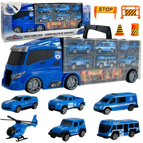 WOOPIE Zestaw Cieżarówka Transporter 3w1 Niebieski Policja 48 — widok z przodu ukazujący kabinę i atrapę radiowozu