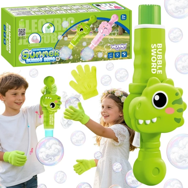 Pistolet do baniek z dymem WOOPIE w kształcie zielonego dinozaura na białym tle
