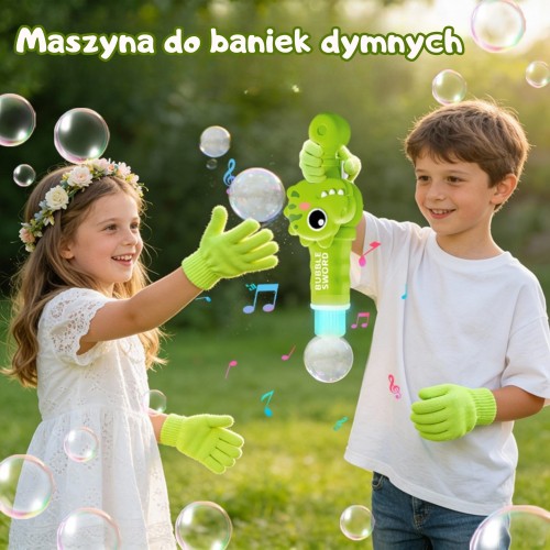 Widok z boku na zielonego dinozaura WOOPIE generującego bańki z dymem