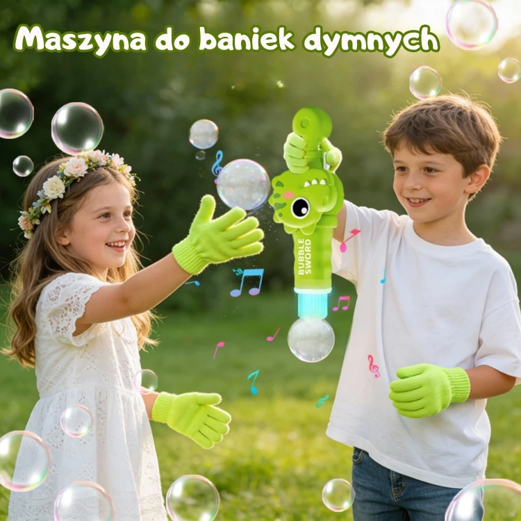 Widok z boku na zielonego dinozaura WOOPIE generującego bańki z dymem