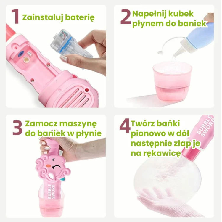Dziecko trzymające zielonego dinozaura WOOPIE podczas zabawy bańkami z dymem