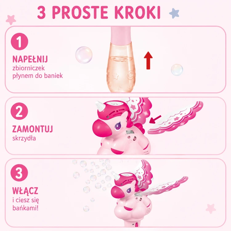 Detale różowego jednorożca na maszynce do baniek WOOPIE – ruchome skrzydełka
