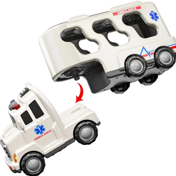 Ujęcie ukazujące ambulans z zestawu WOOPIE na pierwszym planie, detale karoserii i sygnalizacji