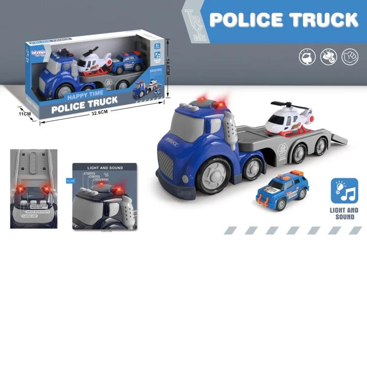 Boczny profil lawety WOOPIE City Truck — detal naklejek policyjnych i logo producenta