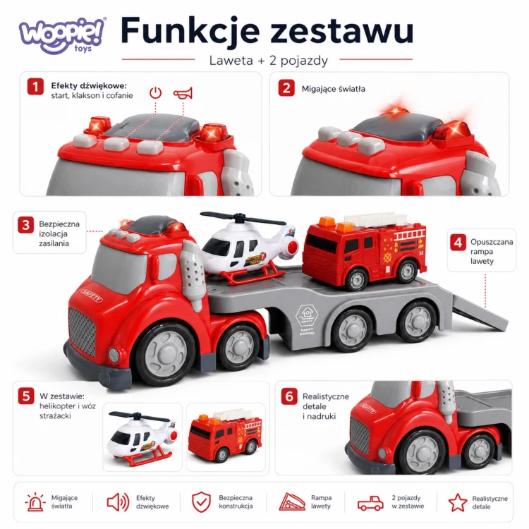 Wóz strażacki z zestawu WOOPIE na czerwonej lawecie