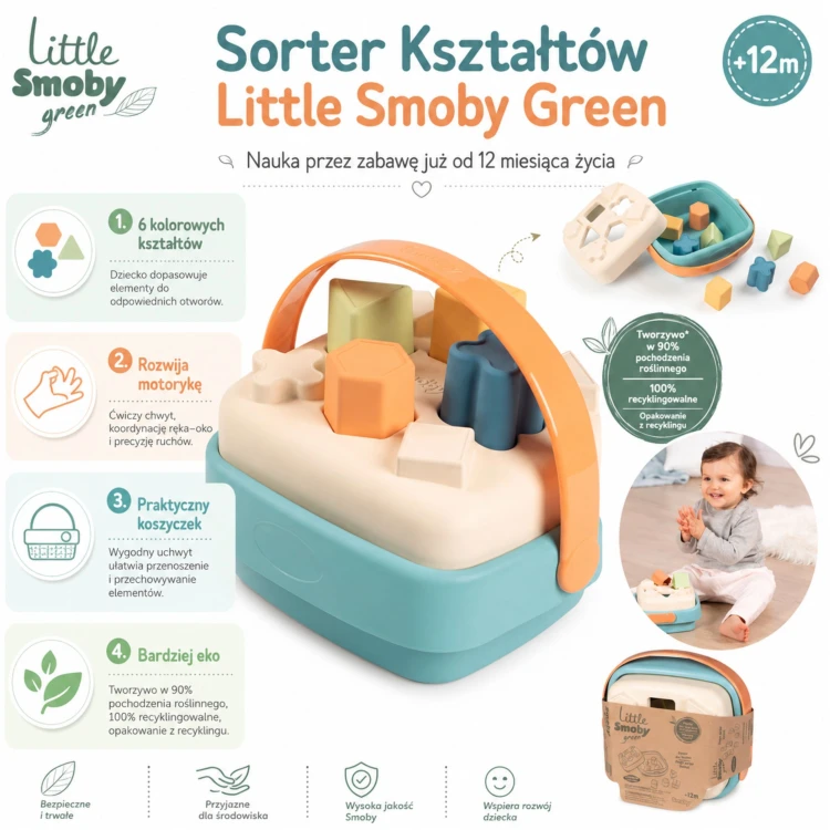 Kadr ukazujący rączkę koszyka SMOBY Little Green Sorter — widoczne wykończenie bioplastiku i ergonomia uchwytu